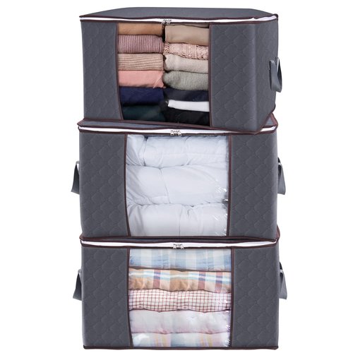 Lifewit 3 Pack 90L Clothes Storage Bins with Lids, Foldable Blanket Storage Bags with Zippers, Clear Window and Reinforced Handles, Closet and Organization for Clothing, Sweater, Comforter, Bedding