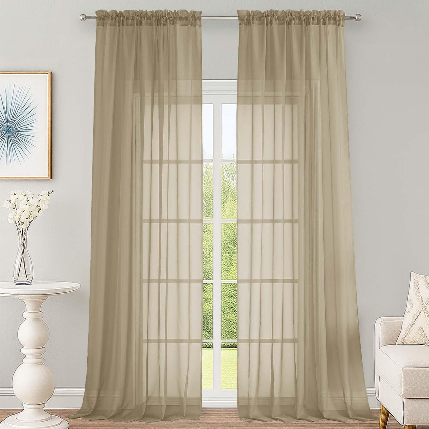 OWENIE Sheer Taupe Curtains 108 Inches Long for Living Room Bedroom 2 Panels Set, Lightweight Airy Taupe Sheer Curtain, Filmy Voile Rod Pocket, 2 PCS, Each 59" W x 108" L