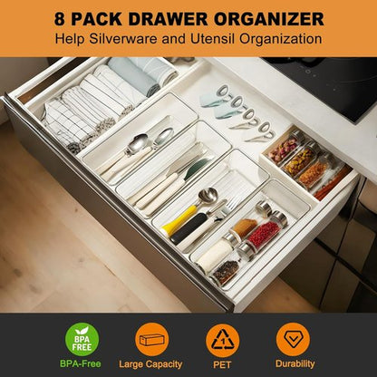 Hudgan Clear Plastic Drawer Organizers Set - Stackable Deep Organizers for Makeup & Desk | 8 Pack, 2 Sizes