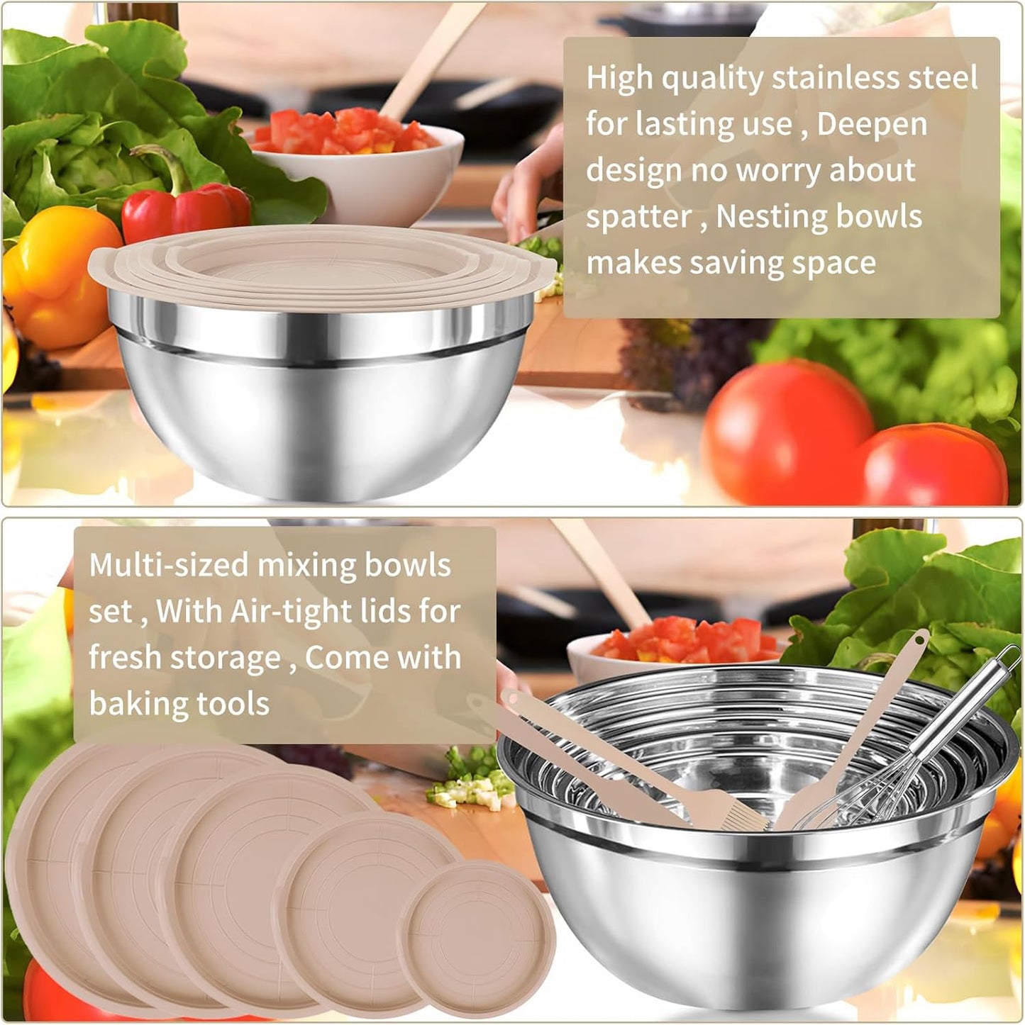 WEPSEN Mixing Bowls Set - 25PCS Khaki Stainless Steel Bowls With Lids | Large 7QT to 1.5QT Sizes for Cooking & Serving