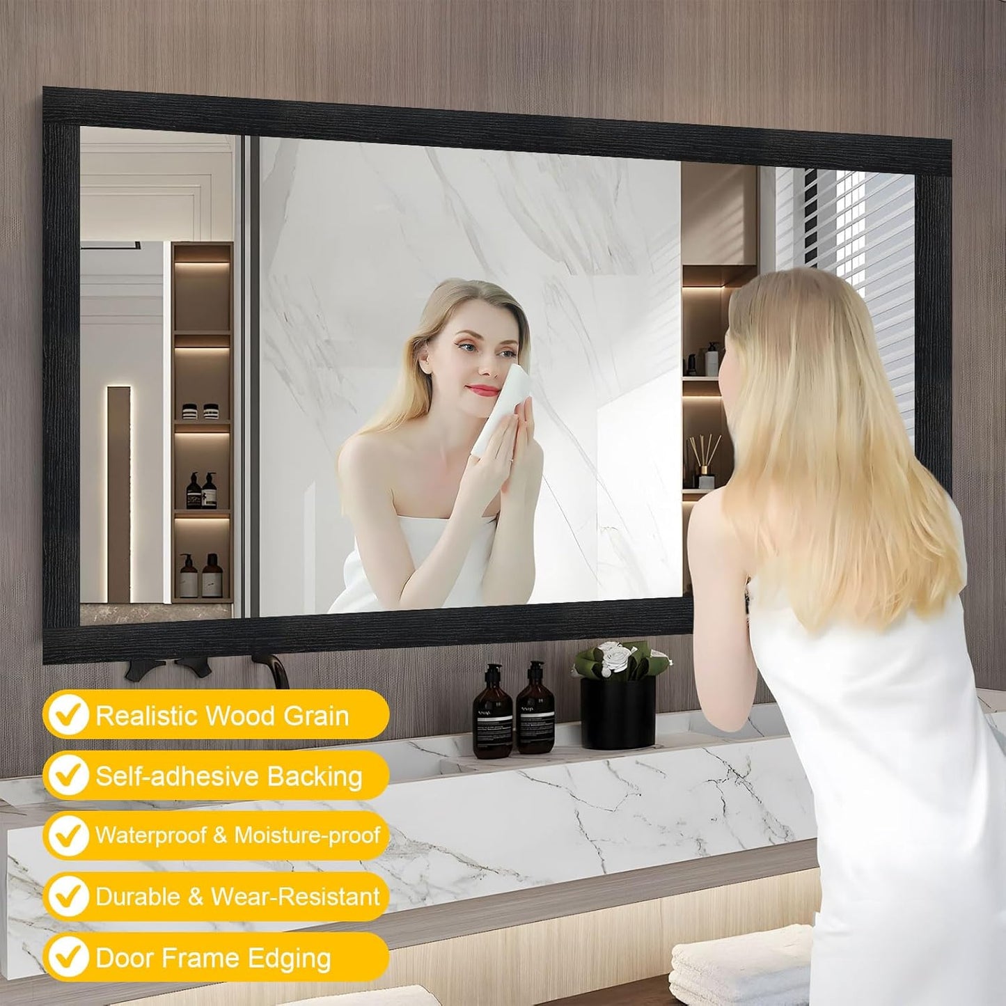Skiennix Peel & Stick Black Wood Grain Wallpaper Border - Stylish Bathroom Mirror Frame | 32.8 FT x 3.93 Inch