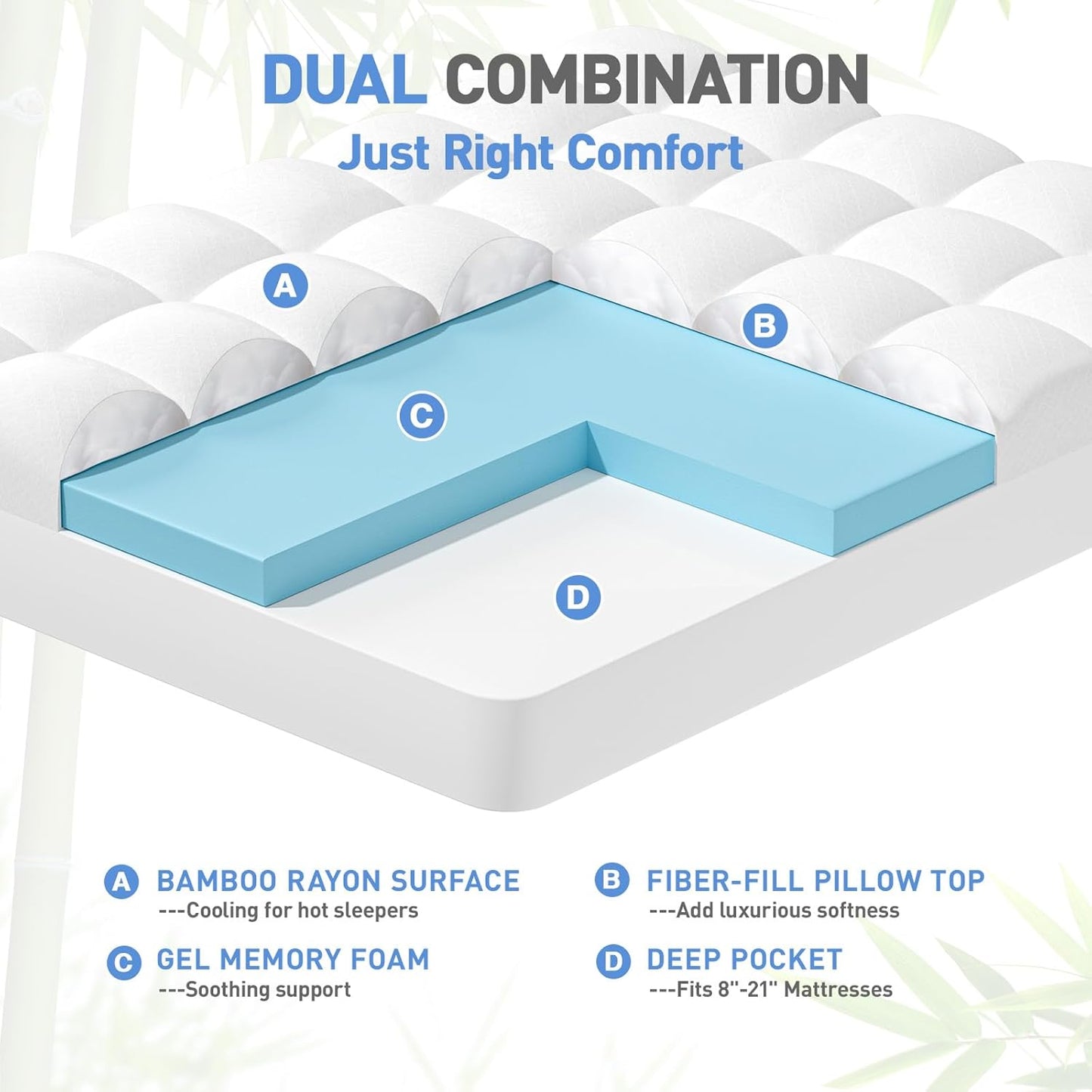 Skiennix Dual Layer Memory Foam Mattress Topper - 3 Inch Queen Size with Cooling Gel & Pillow Top
