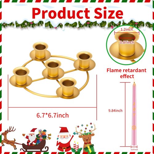 Advent Wreath Candle Holder Set - 5 Gold Taper Candles with Decorative Ring for Christmas Home Decor