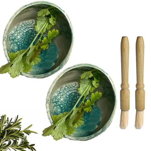Handmade Ceramic Herb Bowl,Quick Leaf & Stem Separator with Easy-Clean Design,Dishwasher Microwave Safe Stripper Tool for Basil, Parsley, Mint(2*Green)