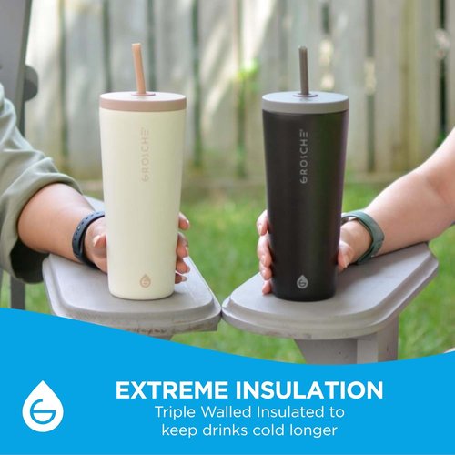 GROSCHE Jasper Insulated Stainless Steel Tumbler - 23 oz Travel Cup with Straw & Lid, Sleek White Design