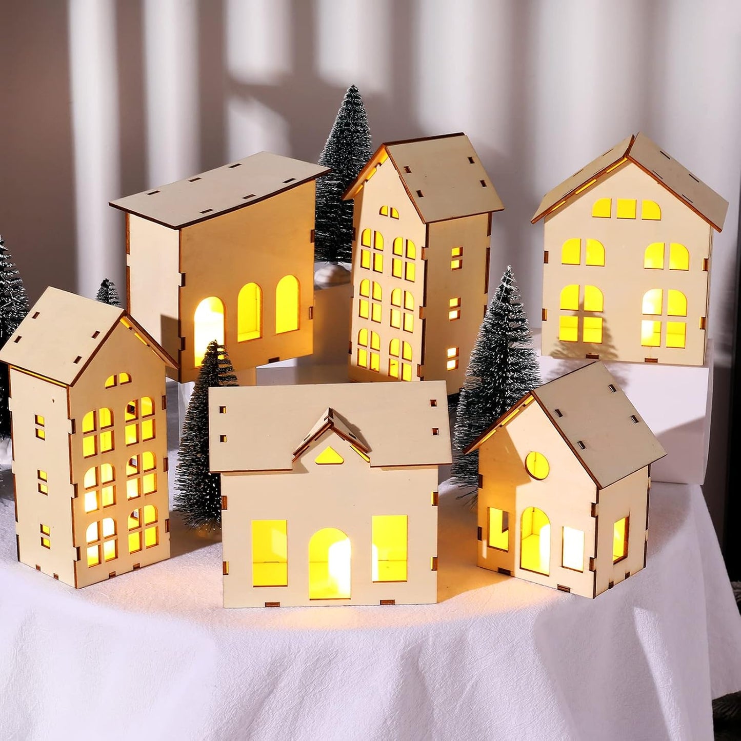 Regine Switzerland Christmas Village Set - 12 Unassembled Houses with 6 LED Candle Lights | Festive Ornaments for Holiday Decor
