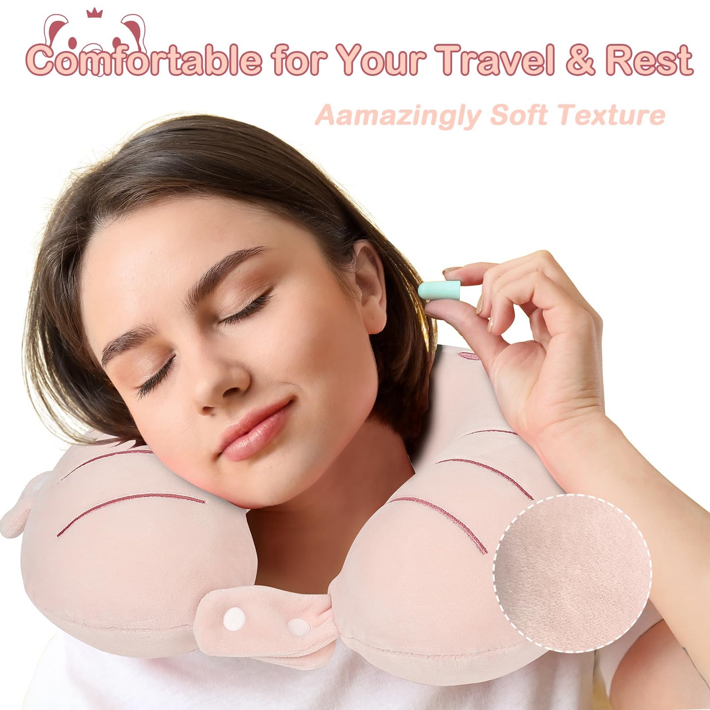 urnexttour Kids Neck Pillow for Traveling, Adujstable Airplane Pillow with Travel Bag, Best Memory Foam Neck Support Pillows for Sleeping Rest, Car, Train and Home Use - Pink Elephant