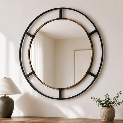 30-Inch Round Wall Mirror, Black & Antique Gold for Bathroom or Entryway - Variation: Black & Antique Gold+Round+30"L x 30"W