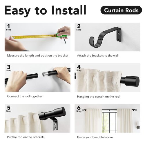 IFELS Heavy Duty Curtain Rods for Windows 66 to 120 Inch, 1 Inch Black Curtain Rods for Outdoor, Farmhouse, Bedroom, Kitchen, Living Room, Adjustable Easy Install Drapery Rod (A2,Black,30"-120")