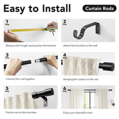 IFELS Heavy Duty Curtain Rods for Windows 66 to 120 Inch, 1 Inch Black Curtain Rods for Outdoor, Farmhouse, Bedroom, Kitchen, Living Room, Adjustable Easy Install Drapery Rod (A2,Black,30"-120")
