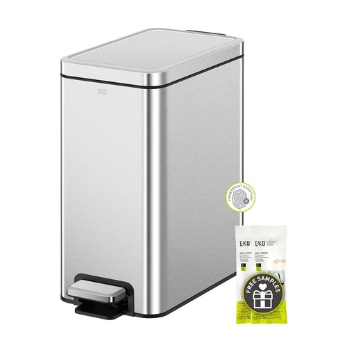 EKO Small Bathroom Trash Can - 10 Liter Stainless Steel with Soft Close Lid & Step Pedal | Anti-Fingerprint Finish