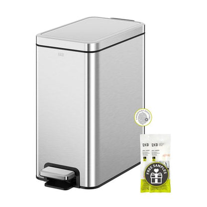 EKO Small Bathroom Trash Can - 10 Liter Stainless Steel with Soft Close Lid & Step Pedal | Anti-Fingerprint Finish