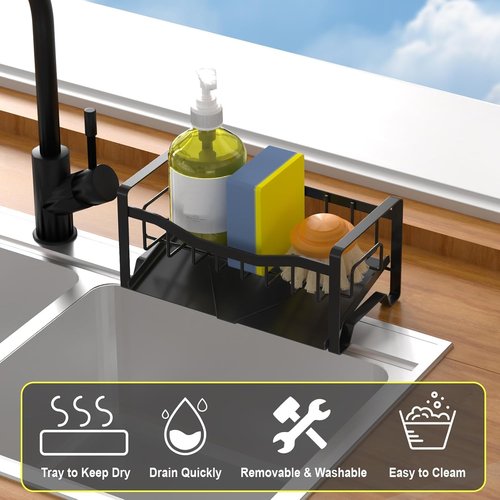 Maifan Stainless Steel Kitchen Sink Caddy - Auto Drain Tray & Sponge Holder for Countertop Storage
