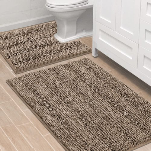 H.VERSAILTEX Bathroom Rugs Bath Rug Set 2 Piece Bathroom Contour Rug Toilet Mat Sets Non Slip Contour Bath Rug Ultra Thick Water Absorbent Striped Bath Mats(36" x 24" Plus 20" x 24" U, Taupe Brown)