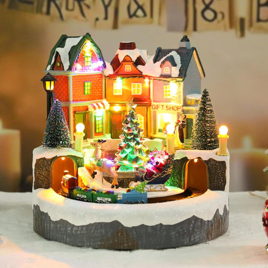 Afirst Christmas Village Houses - Lighted Collectible Figurines with Moving Train & Santa Sleigh | Musical Indoor Display