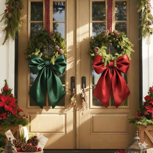 Regine Switzerland Christmas Bows - Large Red & Green Satin Decor for Wreaths & Trees | 23 x 11 Inch (2 Pack)