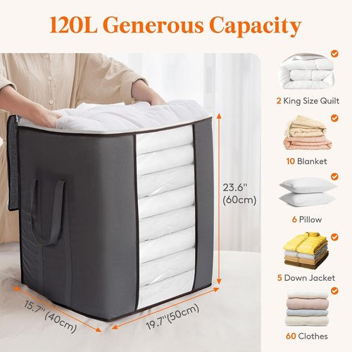 Lifewit Extra Large Blanket Storage Bags - 120L Foldable Containers with Reinforced Handles | 3 Pack for Bedding & Comforters