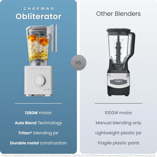 Chefman Obliterator Blender - 48 oz Countertop Smoothie Maker with 1380W Motor & Travel Jar