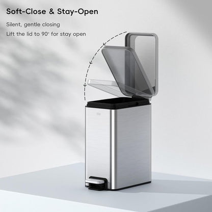EKO Small Bathroom Trash Can - 10 Liter Stainless Steel with Soft Close Lid & Step Pedal | Anti-Fingerprint Finish