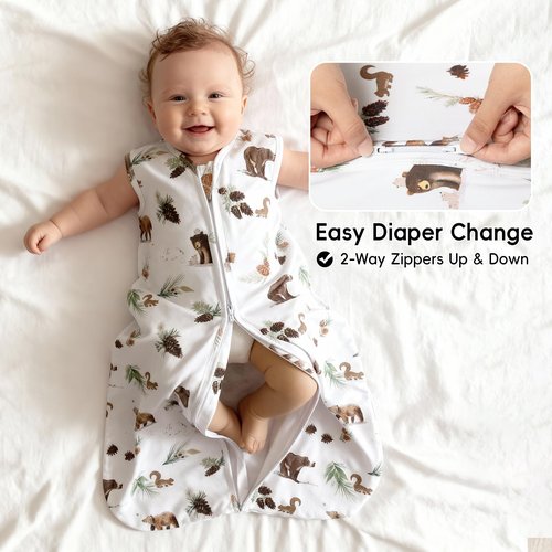 david's kids 100% Organic Cotton Baby Sleep Sack 6-12 Months, Soft Baby Wearable Blankets with 2-Way Zipper, 2 Pack Comfy Sleeping Bags for Infant Newborn Boys Girls, Medium Size, Woodland