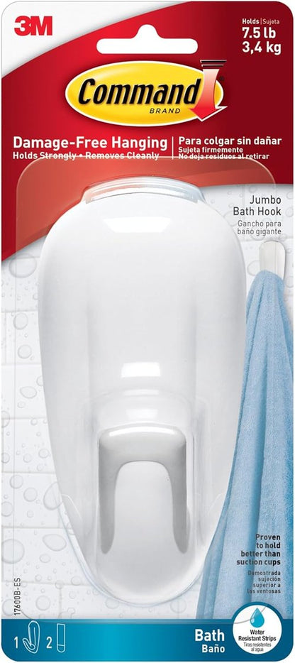 Command Bathroom Hook - Water-Resistant Strips for Damage-Free Organization | 1 Hook, 2 Strips