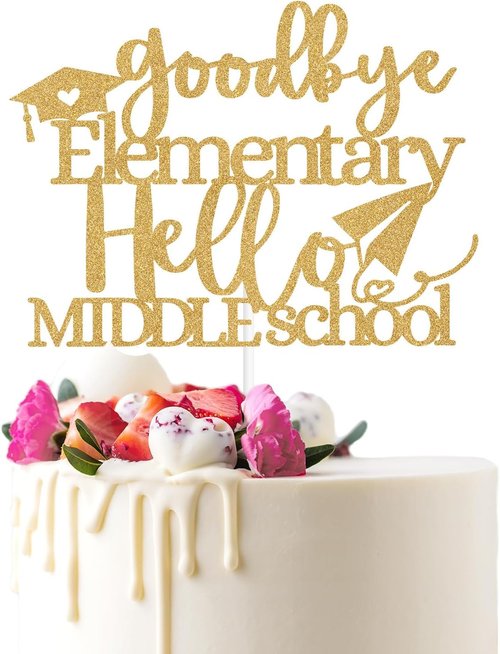 Goodbye Elementary Cake Topper by [Brand Name] - Celebrate 5th Grade Graduation | Gold Glitter Design