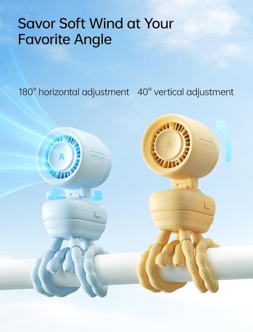 JISULIFE Stroller Fan - Compact & Stylish 38H Cooling with Soft Night Light | Detachable for Stroller, Desk, or Nursery (Yellow)