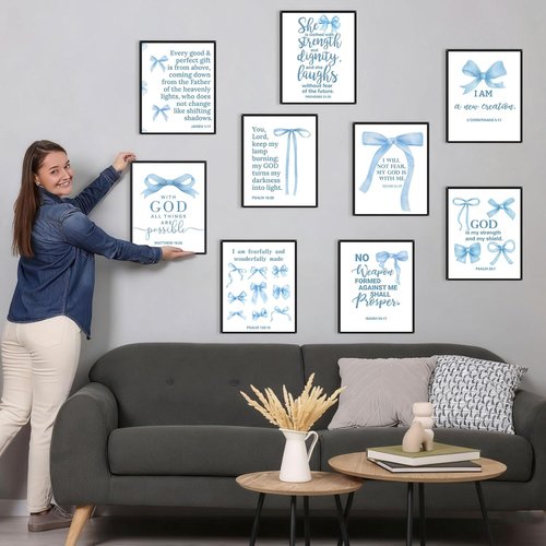 Chiisong Blue Bow Wall Art Decor - 9 Inspirational Bible Verse Poster Prints | 14 x 11'' Unframed for Girly Aesthetic Room