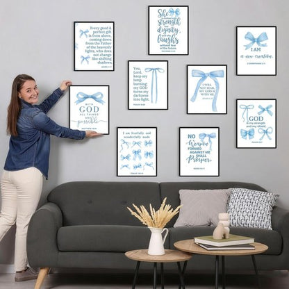 Chiisong Blue Bow Wall Art Decor - 9 Inspirational Bible Verse Poster Prints | 14 x 11'' Unframed for Girly Aesthetic Room