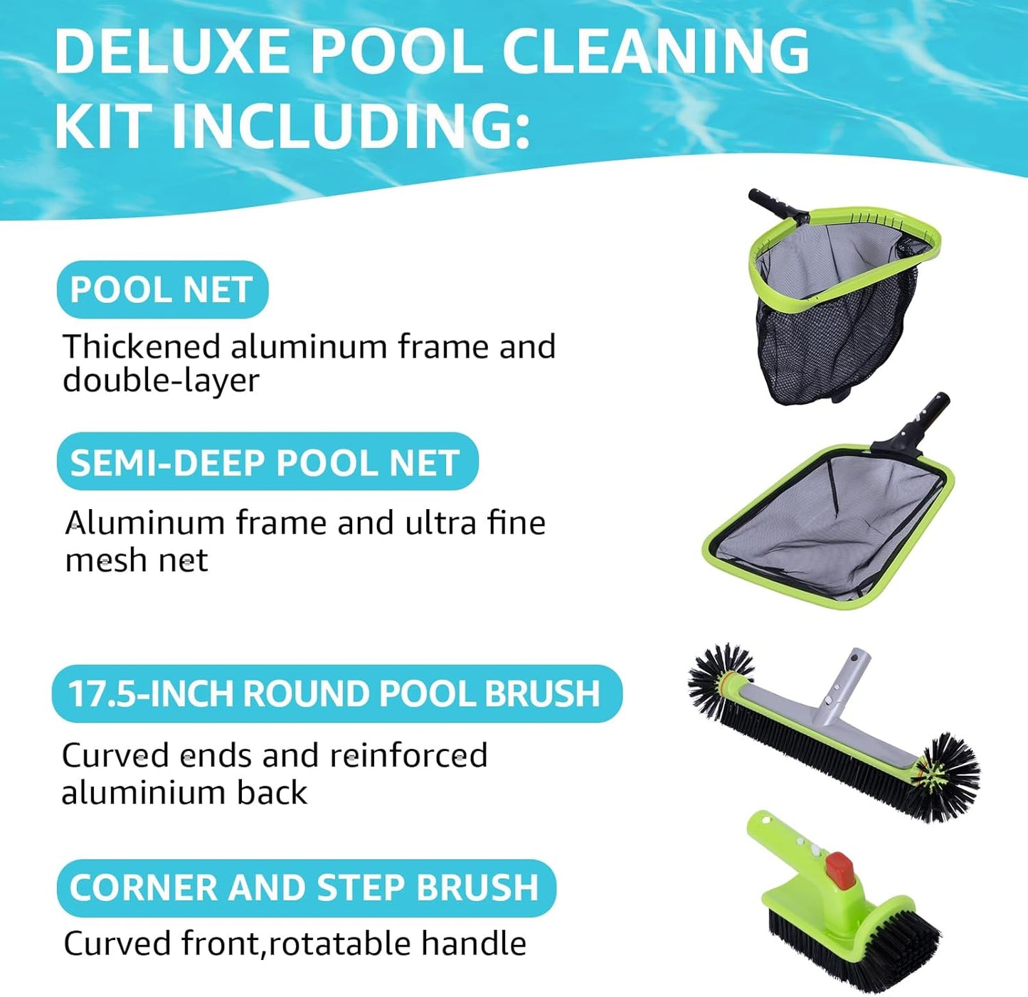 Sepetrel Deluxe Swimming Pool Cleaning Kit - Professional Leaf Skimmer, Fine Mesh Net & 17.5" Brush Head