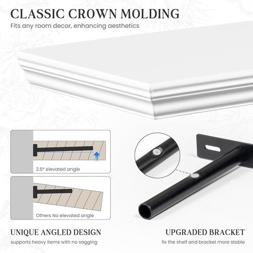 Fun Memories Floating Shelves - 24 Inch Classic Crown Molding Rustic Wooden Wall Decor | White, 2-Pack