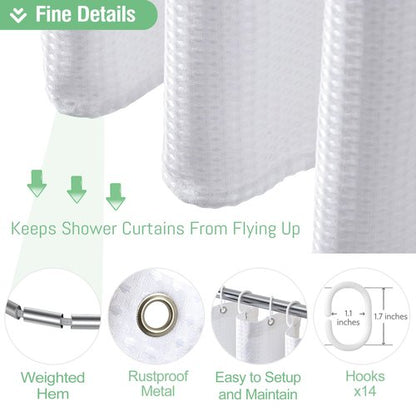 Dynamene Extra Wide Shower Curtain - 84 Inch Wide Waffle Weave Weighted Thick Cloth Bathroom Shower Curtain, Neutral Heavy Duty Hotel Bath Curtain Set with 14 Plastic Hooks, 84x72, White