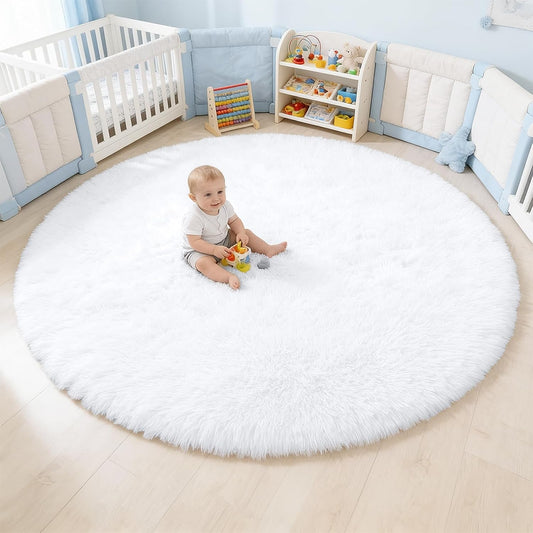 OLANLY White Round Area Rug - Soft, Fluffy, Machine Washable 5 ft Circle Carpet for Bedroom & Living Room Decor