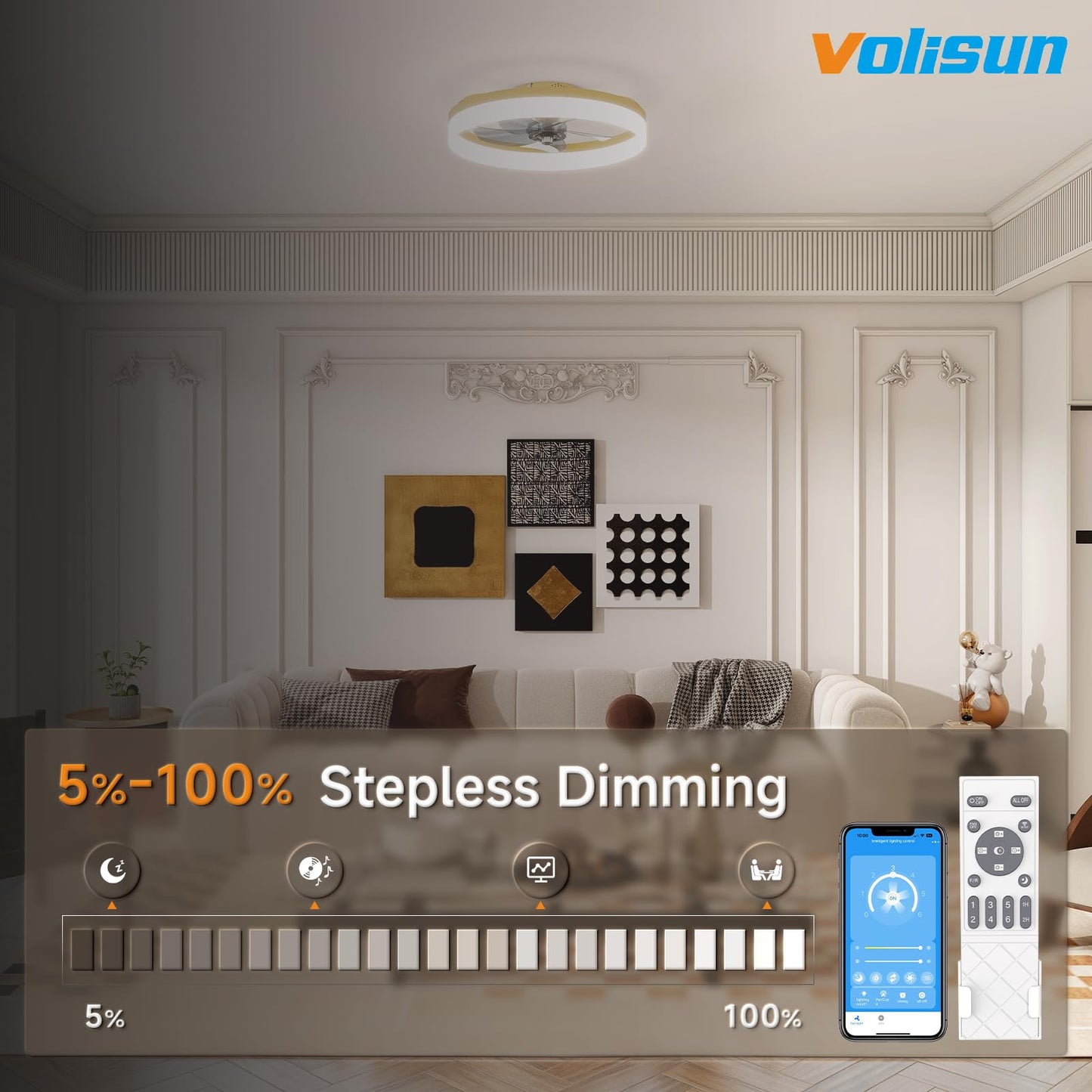 VOLISUN Low Profile Ceiling Fans with Lights and Remote, 19.7in Fandelier Ceiling Fan with Light, 3000K-6500K Dimmable Bladeless LED Fan Light, Gold Flush Mount Ceiling Fans with Lights for Bedroom