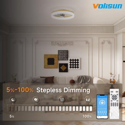 VOLISUN Low Profile Ceiling Fans with Lights and Remote, 19.7in Fandelier Ceiling Fan with Light, 3000K-6500K Dimmable Bladeless LED Fan Light, Gold Flush Mount Ceiling Fans with Lights for Bedroom