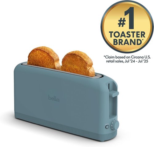 Bella 2 Slice Slim Toaster - 10” Long Slot with 6 Shade Settings, Reheat & Cancel Functions, Anti-Jam, Surf Color