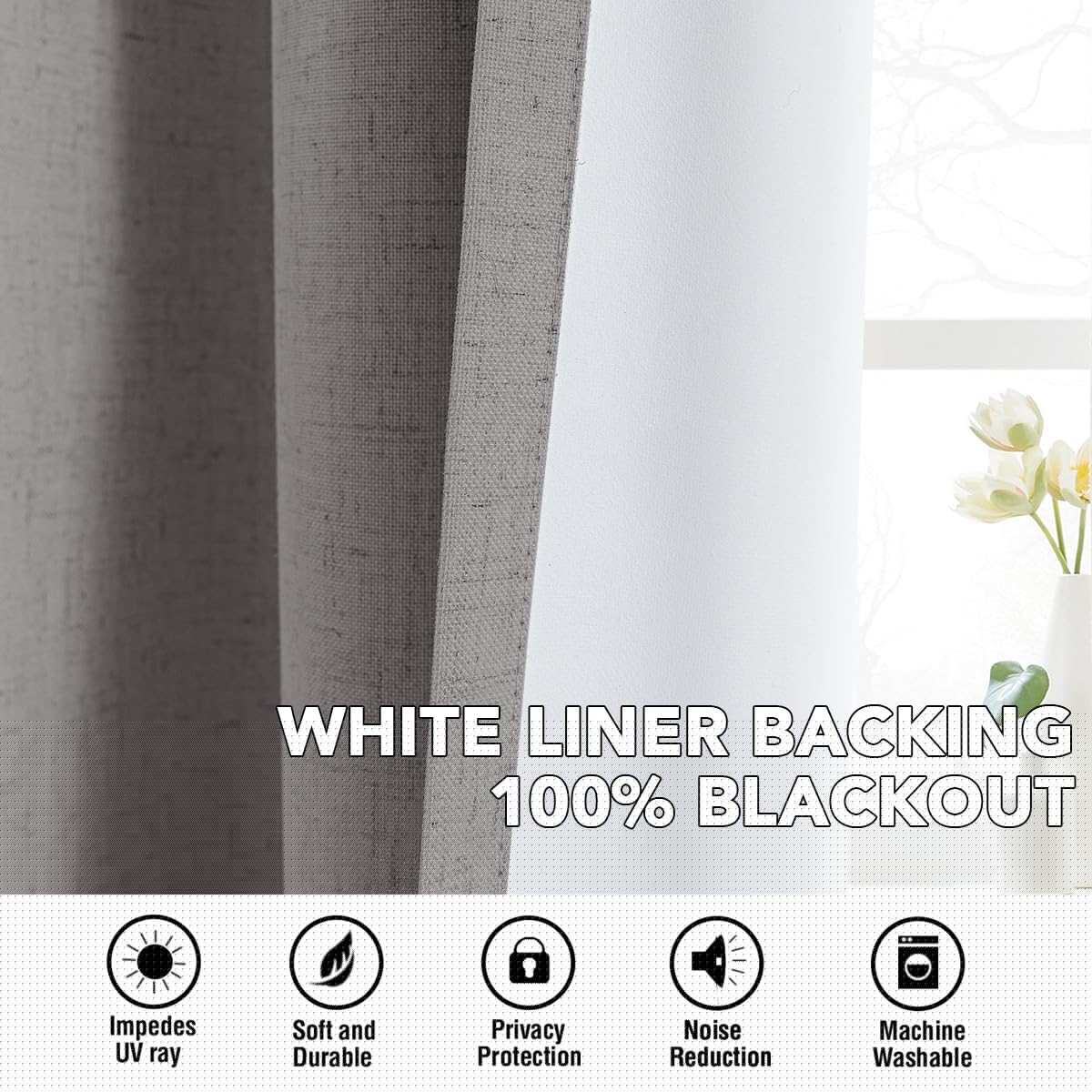 H.VERSAILTEX Linen Curtains 100% Blackout Curtains for Bedroom 96 inch Long Full Light Blocking Nature Linen Blended Window Curtains for Living Room Nickel Grommet (2 Panels, Heathered Dove)