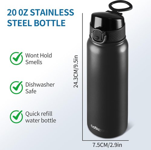 GOPPUS Insulated Water Bottle - 20oz Stainless Steel, BPA-Free, Leak-Proof Silicone Spout Lid | Black