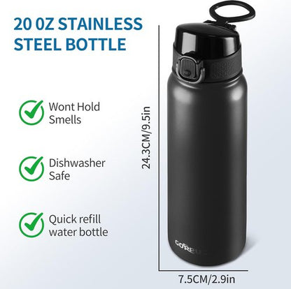 GOPPUS Insulated Water Bottle - 20oz Stainless Steel, BPA-Free, Leak-Proof Silicone Spout Lid | Black