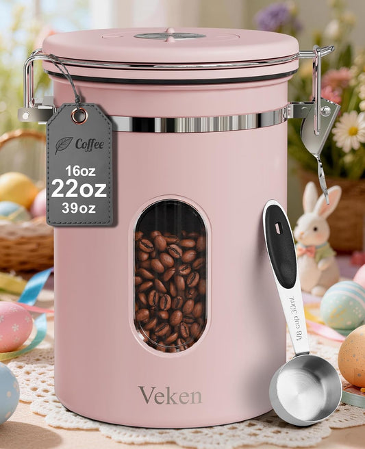 Veken Coffee Canister - Airtight Stainless Steel Container with Window | 22oz Pink for Grounds, Beans & Tea