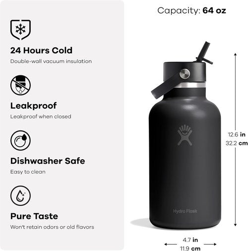 Hydro Flask Water Bottle - Insulated Stainless Steel - 64 Oz Mermaid Green with Wide Straw Lid