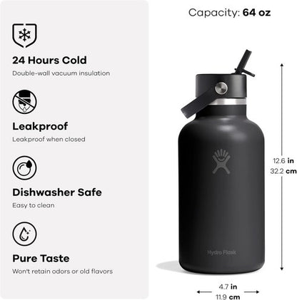 Hydro Flask Water Bottle - Insulated Stainless Steel - 64 Oz Mermaid Green with Wide Straw Lid