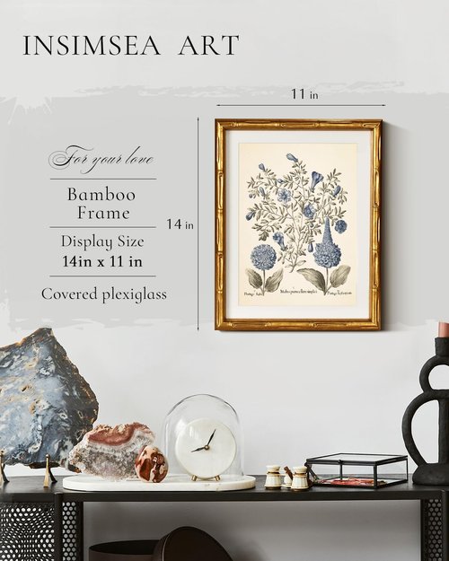 InSimSea Gold Bamboo Framed Canvas Wall Art - Retro Blue Hydrangea Botanical Prints | 11x14 Inch Victorian Decor