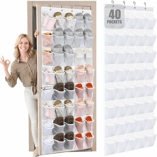 Windyun Over The Door Shoe Organizer - Large Breathable Mesh Pocket Rack | Clear White Hanging Storage for Closet