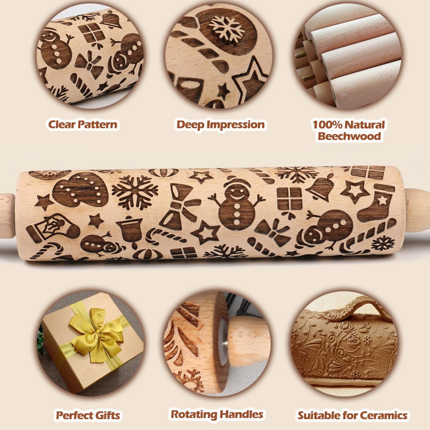 Embossed Rolling Pin for Baking Cookies Christmas Embossing Rolling Pins with Design Wooden Engraved Springerle Roller Pin Dough Patterned Clay Pottery Ceramic Bakers Women Kids (Snowflake & Snowman)