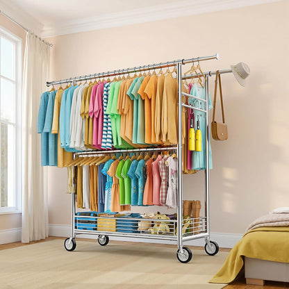 Skiennix Heavy Duty Clothes Rack - 960LBS Capacity, Portable & Adjustable with Sturdy Wheels | Silver