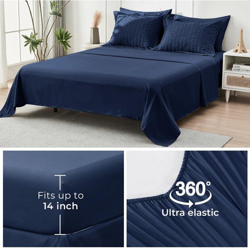 HYMOKEGE Navy Blue King Size Comforter Set Seersucker 7 Pieces, All Season Luxury Bed in a Bag for Bedroom, Bedding Set with Comforters, Sheets, Pillowcases & Shams