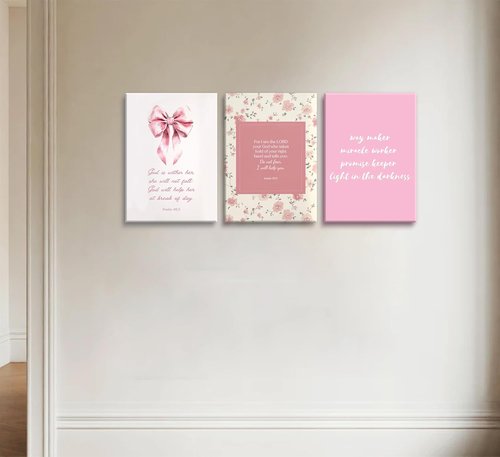 Christian Bible Verse Canvas Wall Art - 3-Piece Pink Preppy Decor for Girls' Bedroom