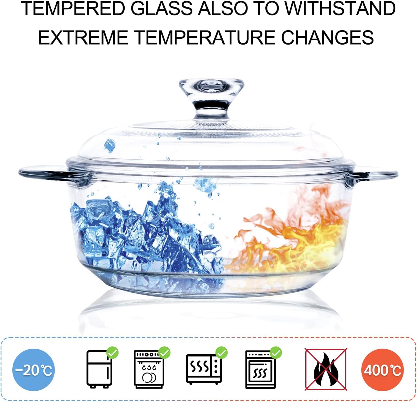 Skiennix Clear Round Glass Casserole - 1-Quart Baking Dish with Lid | Oven, Freezer & Dishwasher Safe