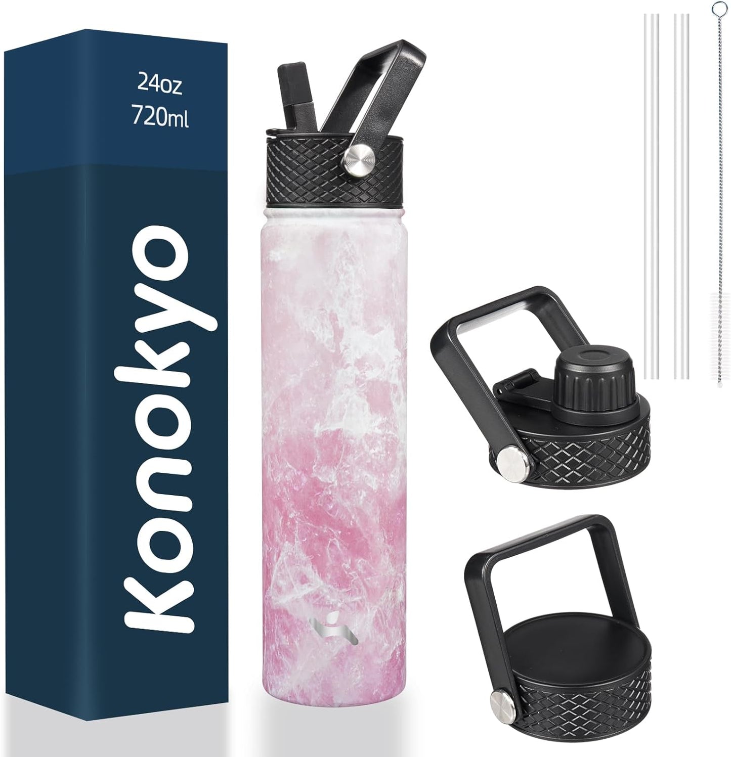 Skiennix Insulated Water Bottle - 24oz Stainless Steel Sport Bottle with 3 Lids | Marble Blossom
